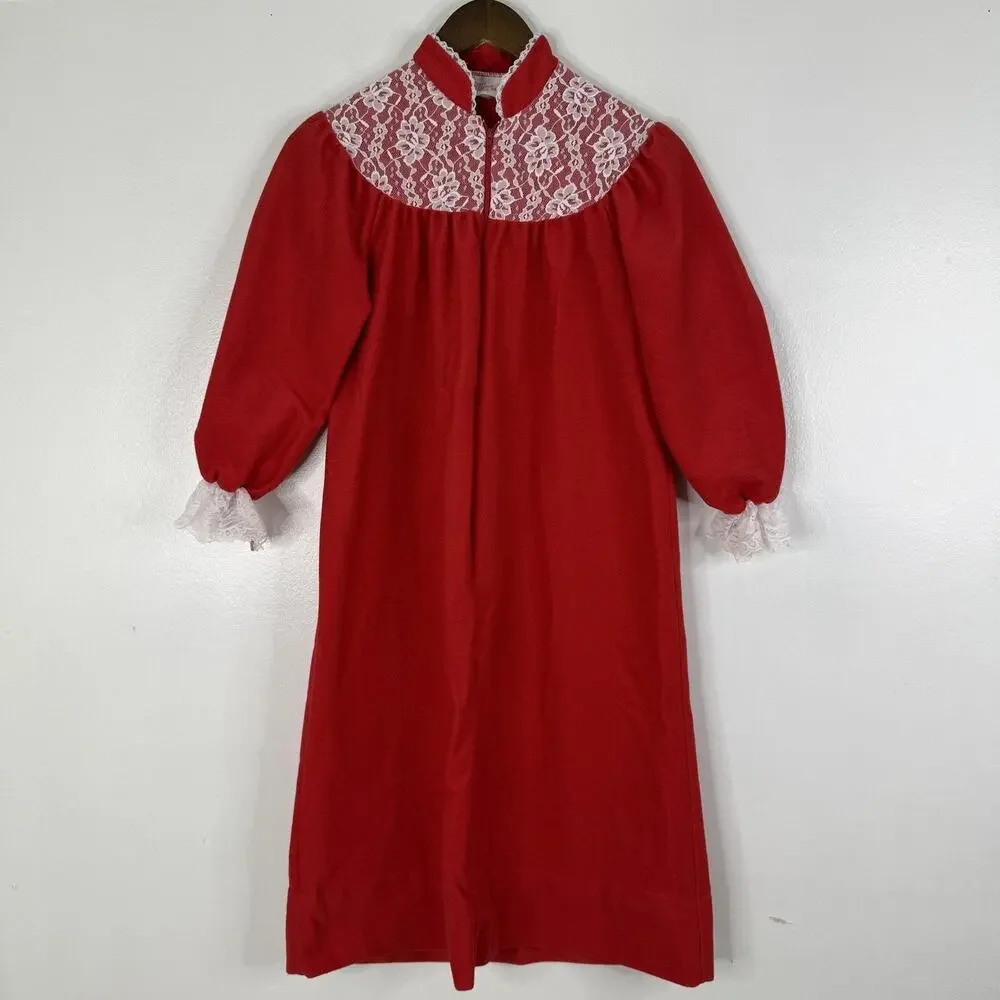 Allison Ann Nightgown Vintage Girls 10 Red Fleece Long Sleeve Lace Trim Sleep